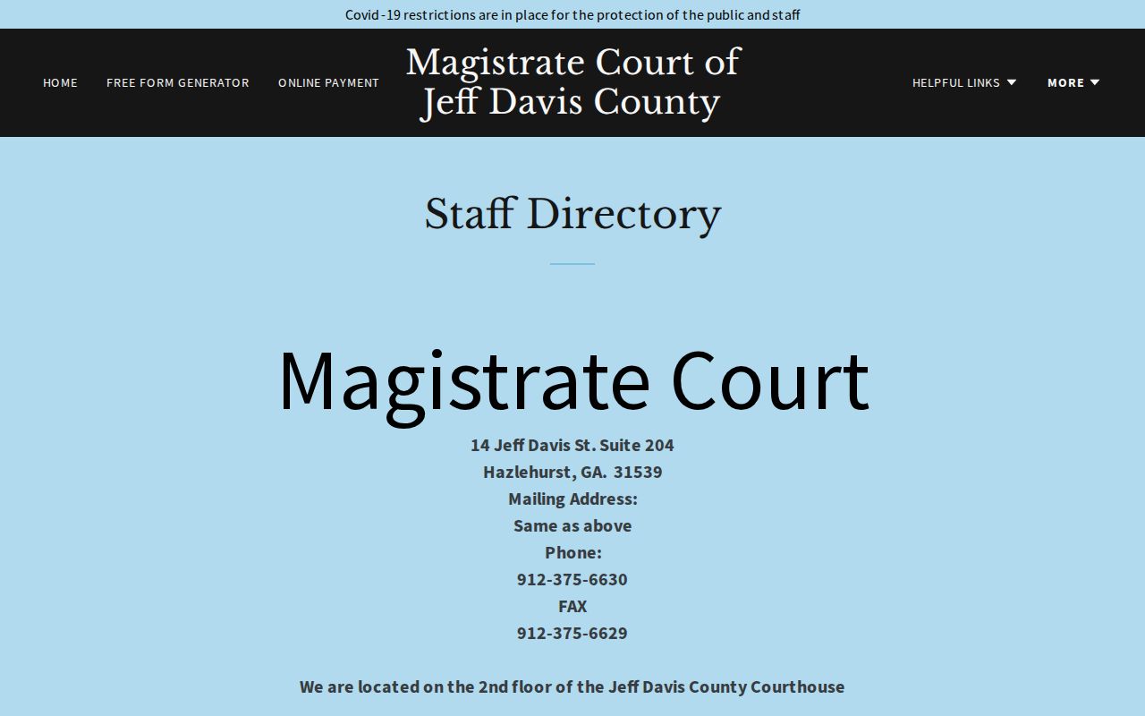 Jeff Davis Magistrate Court public contact page showing Suite 204