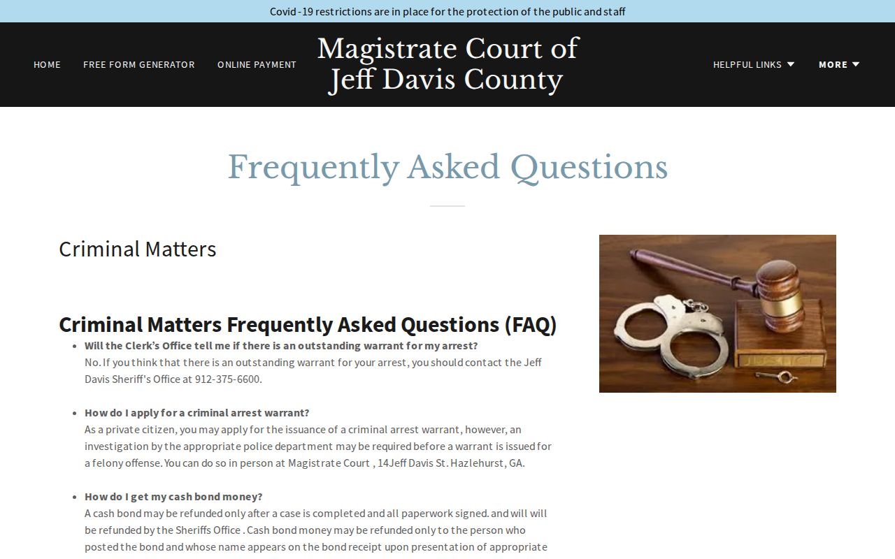 Jeff Davis Magistrate Court instruction directing warrant questions to the Sheriff