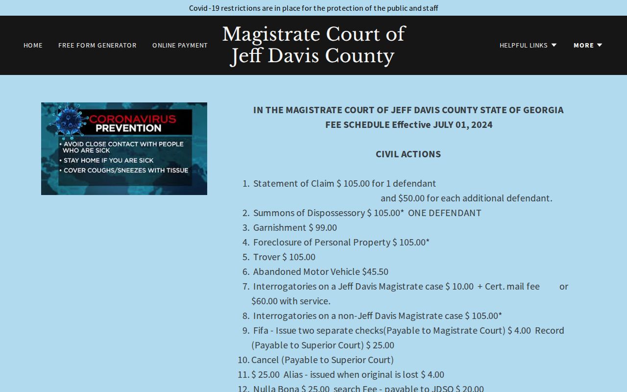 Jeff Davis Magistrate Court pre-warrant application and dismissal fee schedule