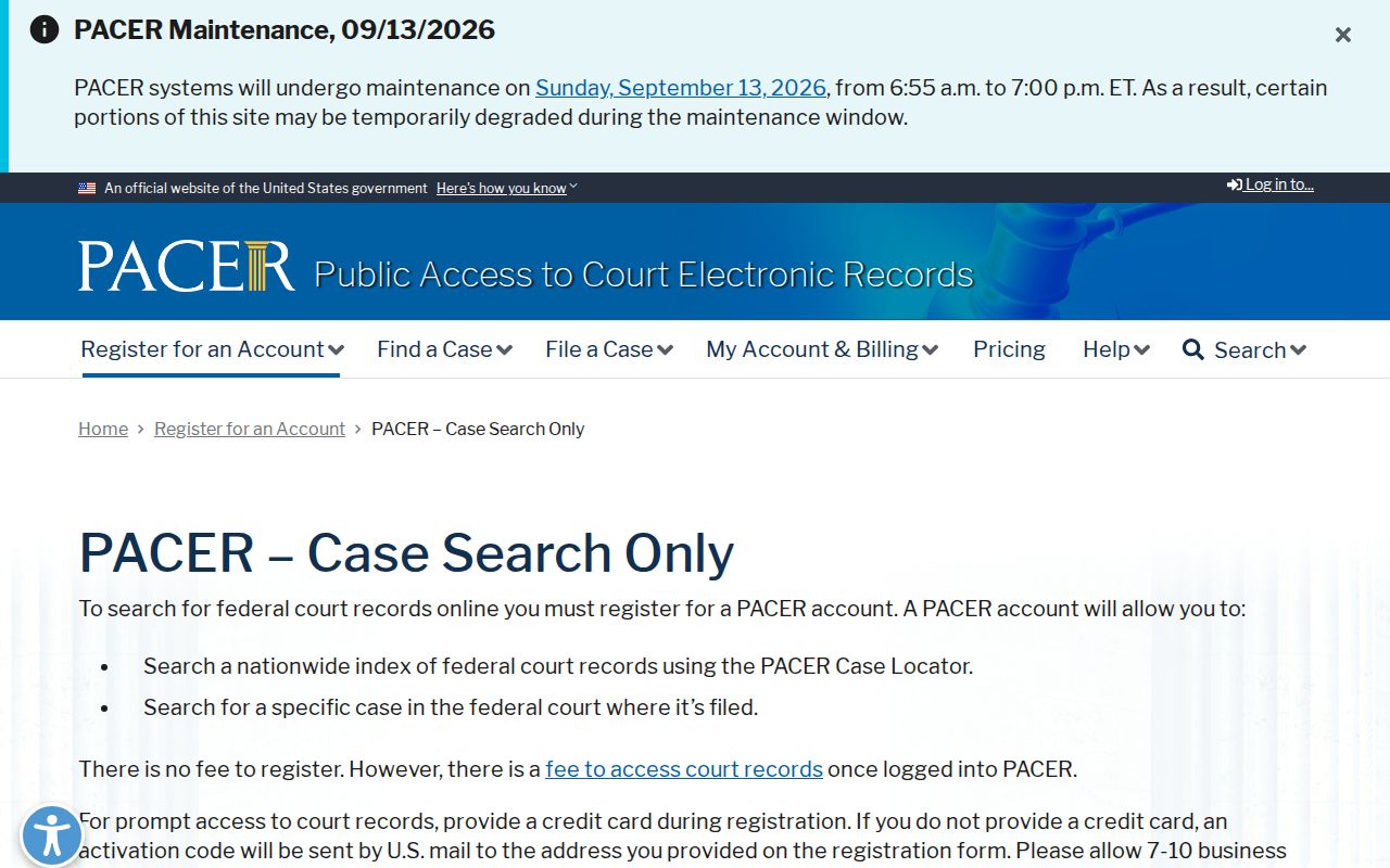 Official PACER case-search account entry point